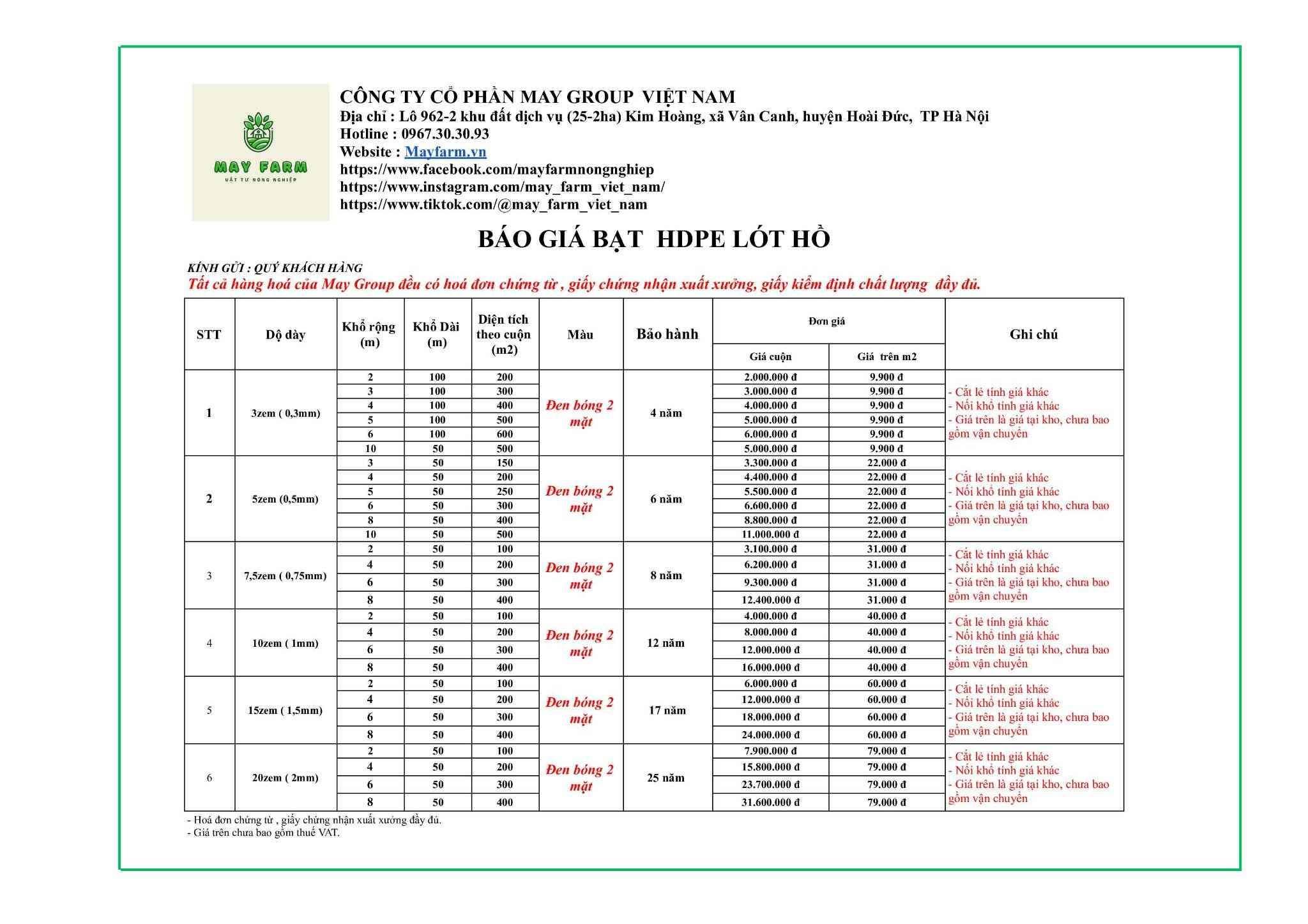 Bảng báo giá bạt HDPE 2mm