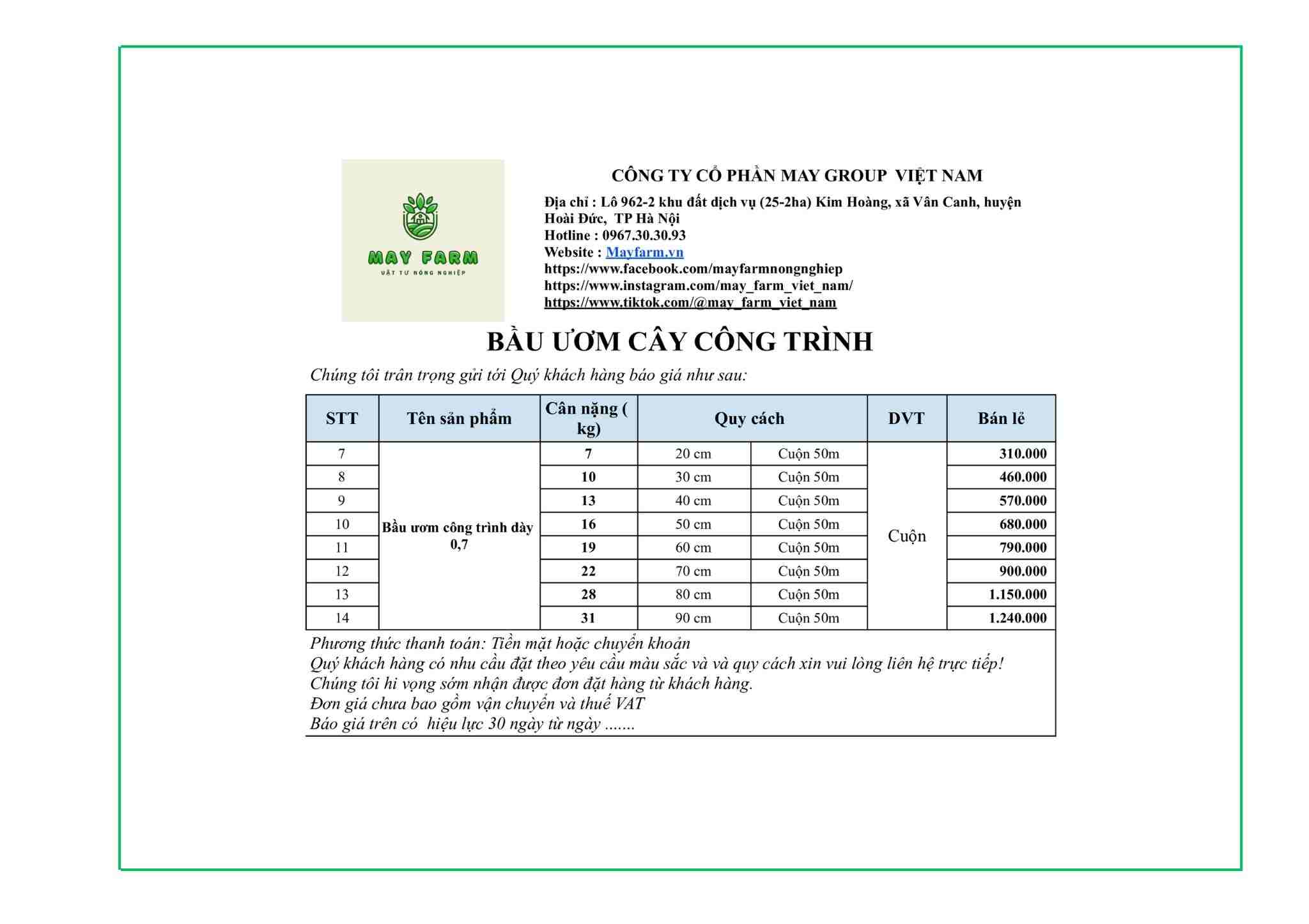 Bảng báo giá của bầu ươm cây V7