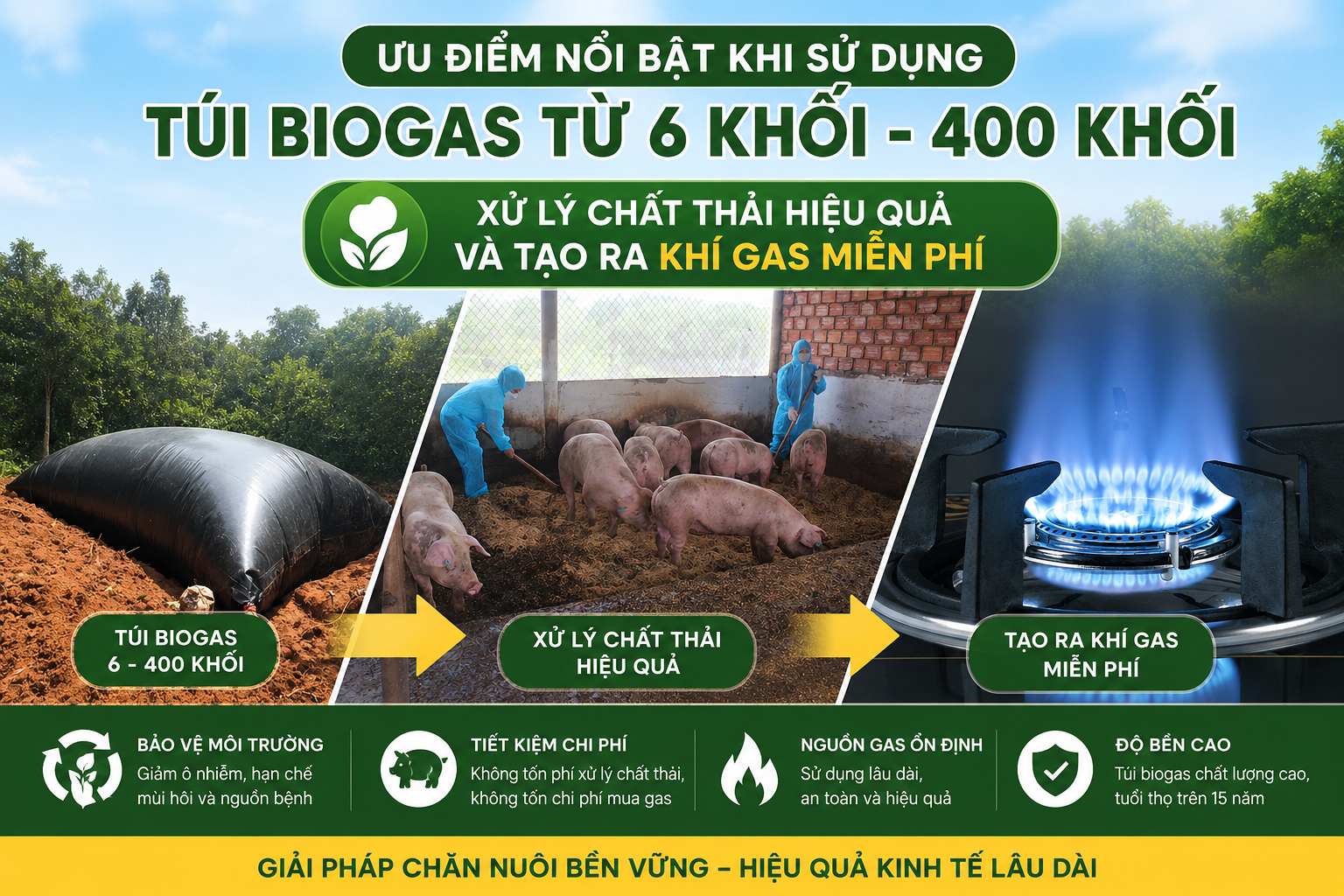 Ưu điểm nổi bật khi sử dụng túi biogas từ 6 khối - 400 khối
