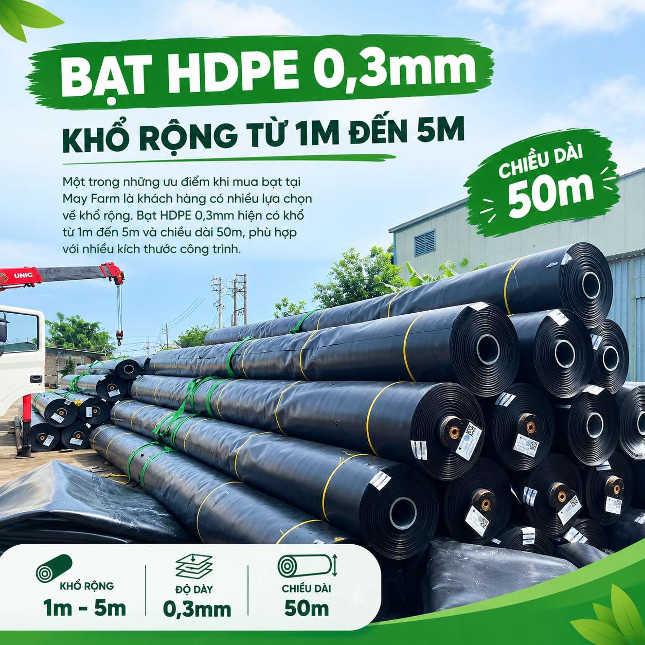 Khổ rộng 1-5m - Bạt hdpe 0,3mm, Bạt chống thấm hdpe, Bạt nuôi cá  
