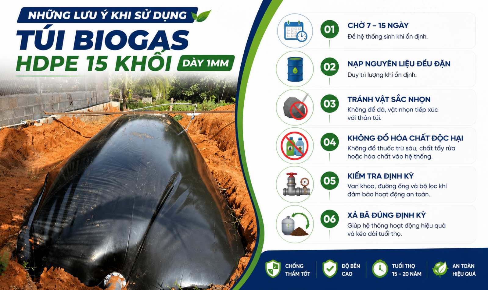 lưu ý -Túi Biogas HDPE 15 Khối Dày 1mm